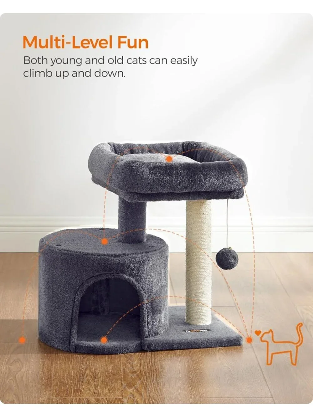 New Cat Tree Tower, Smoky Gray Condo with Sisal Scratching Post for Kittens